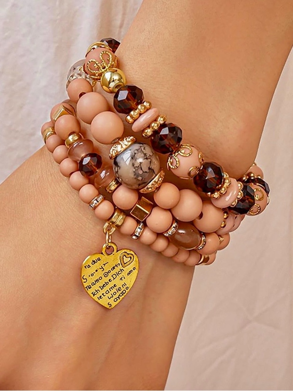 New! Blush Multi Beaded with Gold Heart Charm Stackable Bracelet Set (NWT)